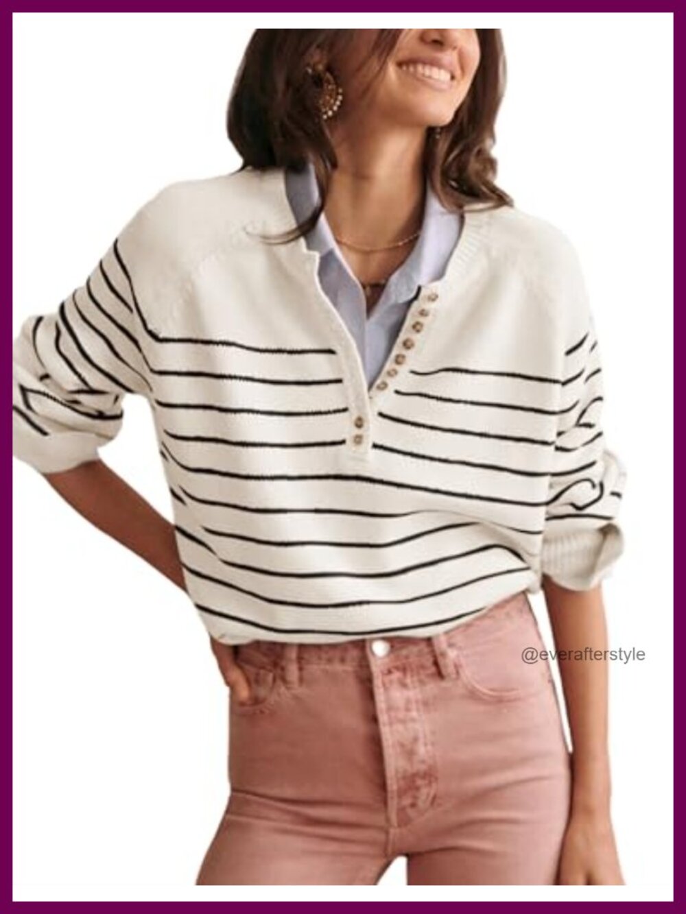 Button Up Striped Sweater Long Sleeve Pullover Ribbed Hem
